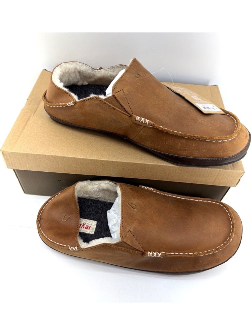 Olukai Moloa Genuine Shearling Convertible Slippers Toffee Brown Leather Men 13